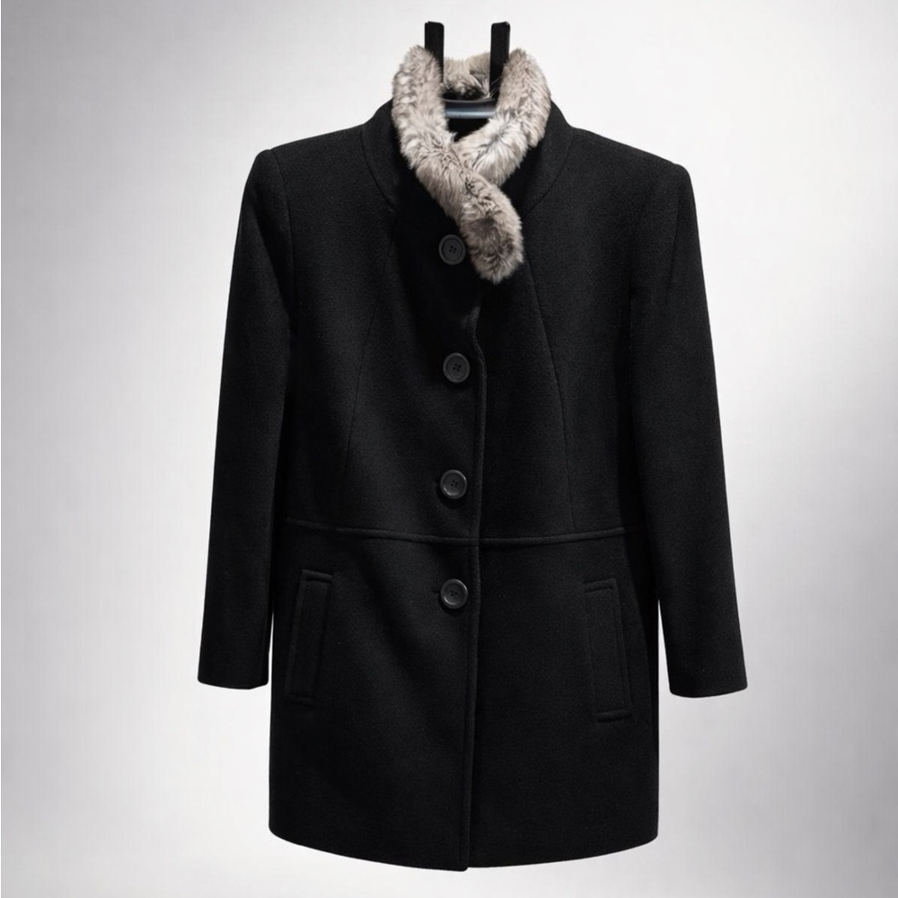 Petite Cinzia Rocca due Black Wool Cashmere Coat and Real Rabbit Gray Fur collar